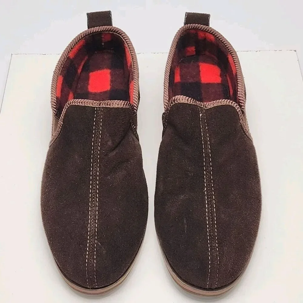 Sioux Mox Slippers Brown Suede Men Sz 11 Blak Red Check Fleece Line Flat Slip-On